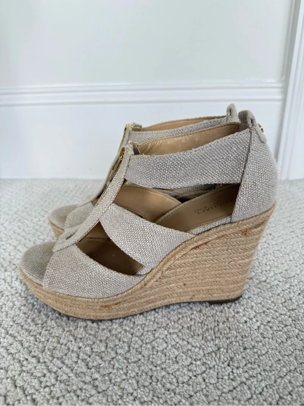 MICHAEL Michael Kors Beige Espadrille Wedge Sandals with Gold Zipper